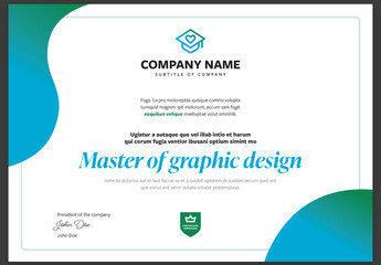 Certificate Template Design Layout Landscape Modern with Signature in White Blue and Green and Gradient Accents A4 and US Letter for InDesign