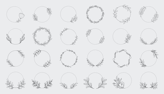 Minimal botanical wedding frame elements on white background. Hand drawn wreath set
