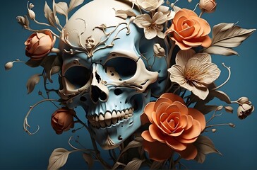 Cultural Symbolism: Decorated Skull Amidst Blooming Flowers, generative AI