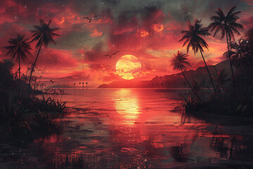 Obraz premium A painting depicting a vibrant sunset casting colorful hues over a tranquil body of water, with palm trees silhouetted against the sky