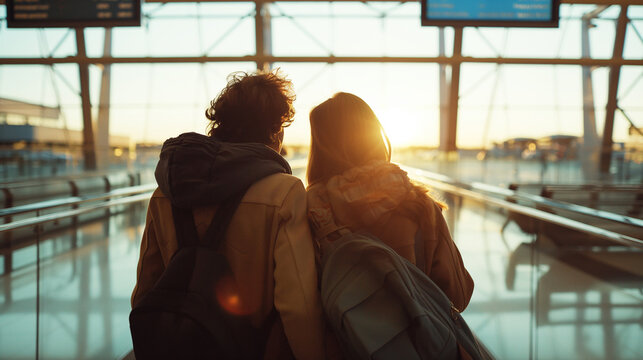 Couple walking across an airport area and waiting for the flight