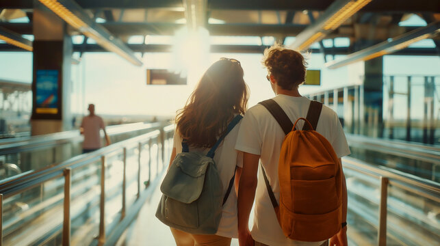 Couple walking across an airport area and waiting for the flight