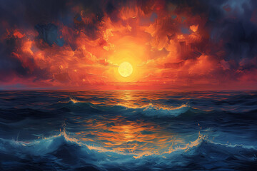 A detailed acrylic painting of a colorful sunset casting a warm glow over the ocean. The sky is filled with shades of orange, pink, and purple, while the water reflects the stunning display