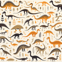 Fototapeta premium Playful pattern of dinosaurs and plants on white background. Generative AI