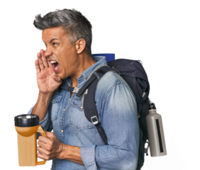 Hispanic trekker with backpack and flashlight shouting and holding palm near opened mouth.