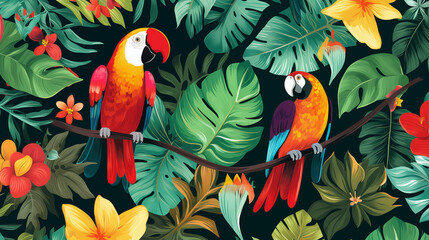 Two parrots perched on branch surrounded by tropical foliage. Generative AI