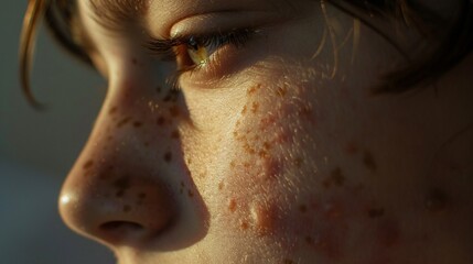 A close-up, unfiltered photograph showcasing the natural beauty of a person embracing their skin with acne