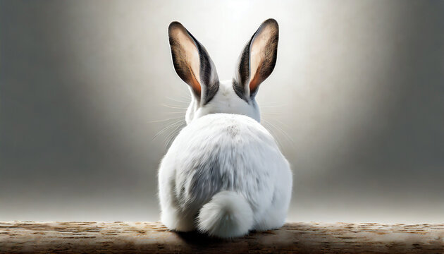A view from behind of a white bunny rabbit