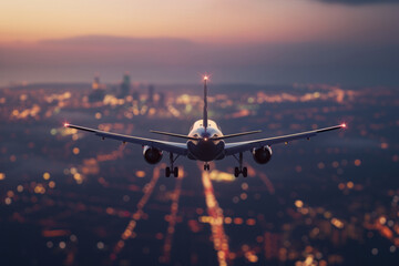 Airplane in the sky with a view of the airport or city at height in sunset colors. Plane in the sky seen from the back
