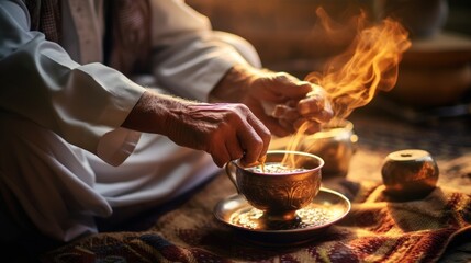 Fototapeta na wymiar An Arab man in a white khandura pours Arabic coffee into a glass.