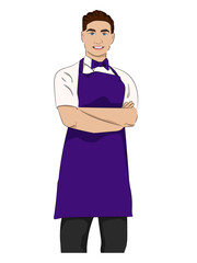 Young smiling male waiter with a bow tie and an apron.