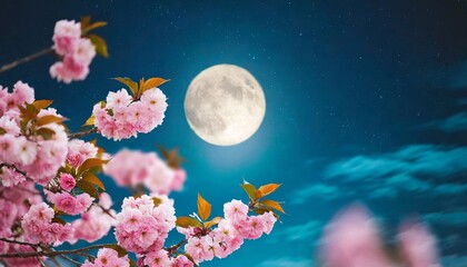 Fototapeta na wymiar romantic night scene beautiful pink flower blossom in night skies with full moon sakura flower in night