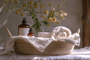 Fototapeta na wymiar Basket with a white towel and various creams, serums and soaps, or a set for relaxation or skin and body care on a beautiful background with green plant elements, close up 