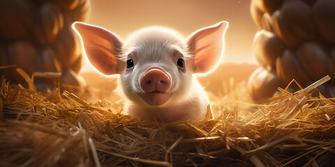 Illustration portrt of sad little pig in suny rays on the farm