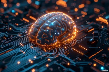 AI Brain Chip memory. Artificial Intelligence fpu human amygdaloid nucleus mind circuit board. Neuronal network neurons smart computer processor data processing service - obrazy, fototapety, plakaty