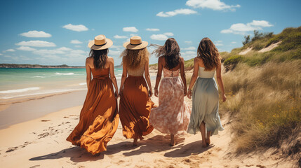 Four women walking hand-in-hand on a sunny beach, showcasing unity and the serene joy of a summer day