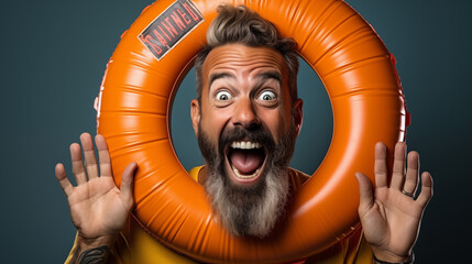Excited man with a bright orange lifebuoy around his neck, exuding joy and readiness for a fun adventure