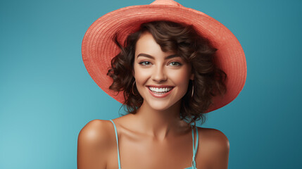 Cheerful young woman wearing a pink summer hat with a joyful smile, enjoying music on headphones against a vibrant blue background