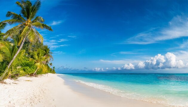 panoramic coastal paradise with white sandy beach and clear blue skies banner format copy space