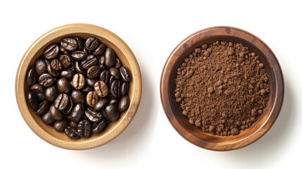 Fototapeta premium Flat lay of Roasted Coffee beans and ground coffee in wooden bowl isolated on white background.