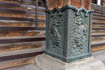 Nagano, Japan. Detail of the kakubashira of one of the columns of the Hondo or Main Hall, a...