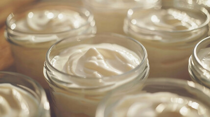 Fototapeta na wymiar Natural Greek yoghurt in glass jars.