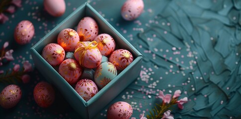 Pastel Pink and Gold-themed Gift Box Holds Delightful Easter Eggs on Light Blue Background