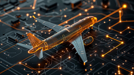 Futuristic Computer Chips connected with glowing dada highway network connections laying on a glossy black plane with circuit board 