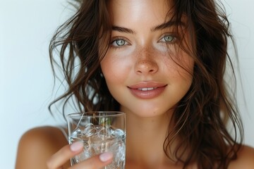 Young European Woman Glows with Health, Holding Glass of Water with Bright Smile and Sparkling Eyes