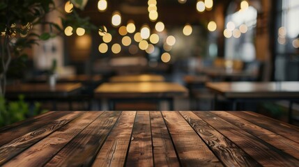 Selected focus empty brown wooden table and Coffee shop or restaurant blur background with bokeh image. - obrazy, fototapety, plakaty