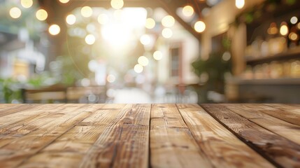 Selected focus empty brown wooden table and Coffee shop or restaurant blur background with bokeh image.