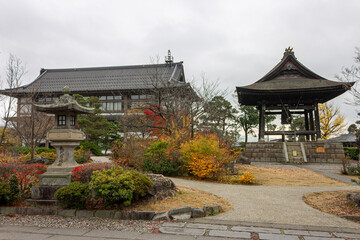 Nagano, Japan. The bell tower in the grounds of Zenko-ji, a Japanese Buddhist temple