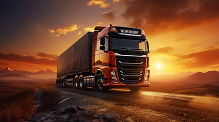Truck on the asphalt road in rural landscape, sunset with dark clouds. Transport concept. Generative AI - obrazy, fototapety, plakaty