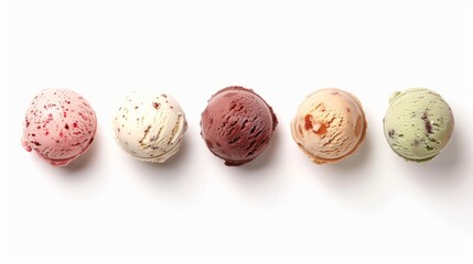 Set of five various ice cream scoops or balls isolated on white background. Top view. Vanilla, strawberry,