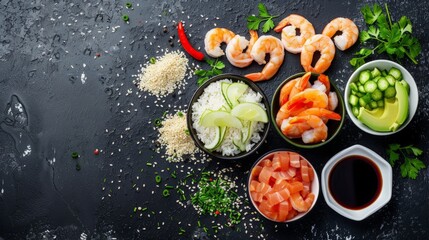 Shrimp poke bowl, rice, avocado, chuka, soy sauce and sesame in a row on a dark rustic background. - obrazy, fototapety, plakaty