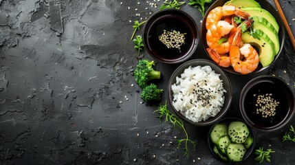 Shrimp poke bowl, rice, avocado, chuka, soy sauce and sesame in a row on a dark rustic background. - obrazy, fototapety, plakaty