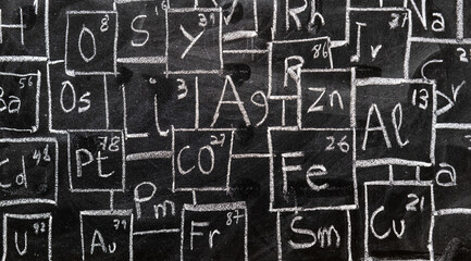 Tabla periódica de los elementos de química escritos a mano con tiza en la pizarra - obrazy, fototapety, plakaty