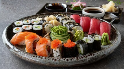 Various kinds of sushi served on a platter with soy sauce, wasabi and pickled ginger.