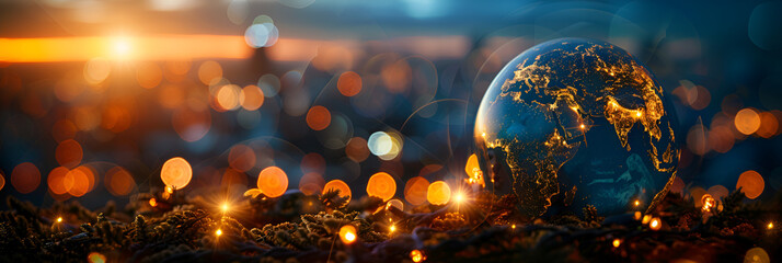 Global awareness concept with earth inside water drop candlelight.city lights in the background - obrazy, fototapety, plakaty
