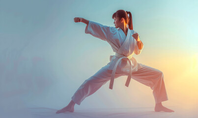 Strength in Motion: Kimono and White Karate Belt, a Woman Exhibits Her Martial Prowess, Capturing the Essence of Power, Precision, and Determination in Every Chop. Blue Background - Copy Space	
