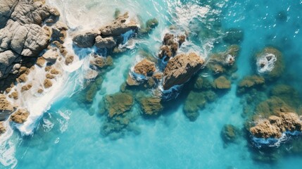 Naklejka na ściany i meble Aerial view of beautiful seascape with blue ocean waves and rocks