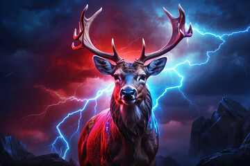 deer with red blue lightning background