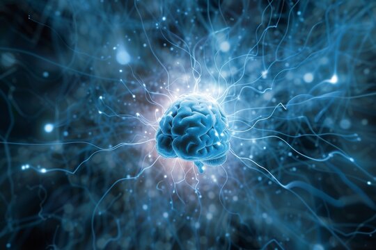 AI Brain Chip computing. Artificial Intelligence semiconductor mind dimm circuit board. Neuronal network nanomanipulation computer processor data processing metrics