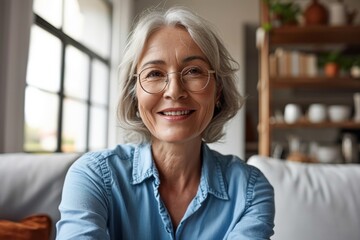 Smiling mature 60s middle aged woman looking at web camera video conference calling in virtual web chat remote business meeting by social distance remote videocall. face portrait. Generative AI