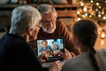 Grandparents couple holding computer video calling family with grandkid on laptop screen having fun enjoying talking online, greeting with gift during, Generative AI - obrazy, fototapety, plakaty