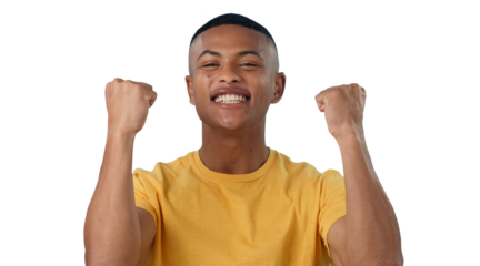 Man, portrait and excited for success with fist on an isolated png and transparent background. Male person, winning and celebrating with gesture for a giveaway, prize or winner bonus for achievement
