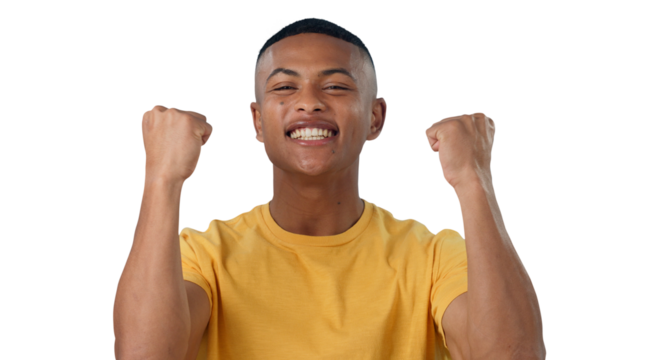 Man, portrait and excited for success with fist on an isolated png and transparent background. Male person, winning and celebrating with gesture for a giveaway, prize or winner bonus for achievement