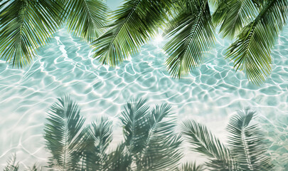 Crystal clear water under the shade of lush palm leaves, creating tropical atmosphere. Travel agency background