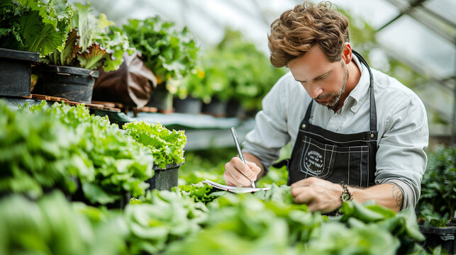 Agriculture concept. Male worker in apron writing notes in notepad while harvesting lettuce at agricultural greenhouse in countryside.