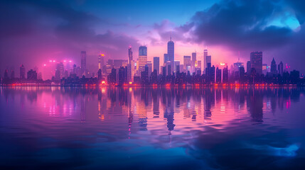 Fototapeta premium Twilight descends on the city with a mystic array of red and purple hues reflecting off the calm water, creating a mirror image of the urban silhouette. City at dawn, the calm before the days hustle.